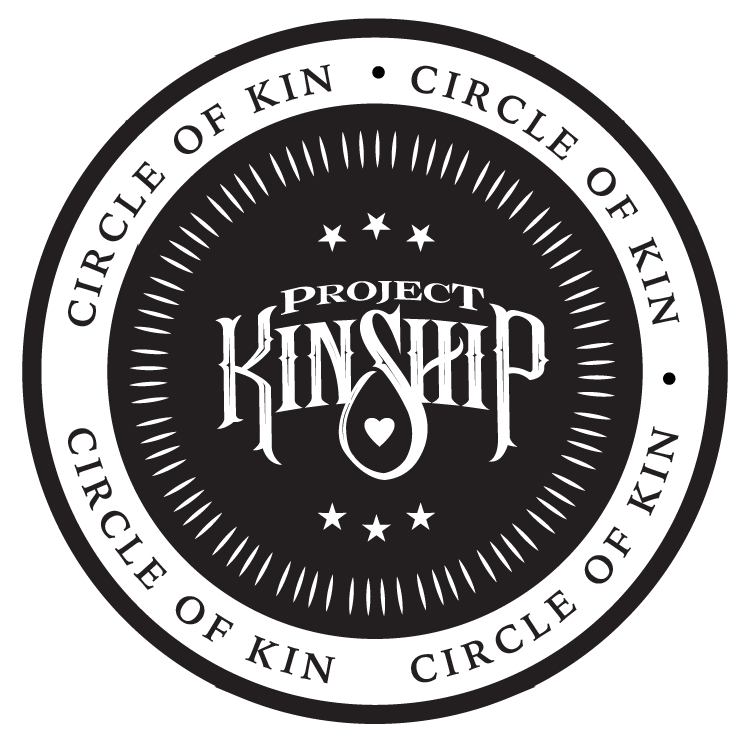Project Kinship Official Logo: Community and Unity Black and white circular logo for Project Kinship. Features 'PROJECT KINSHIP' with a heart-shaped 'P', surrounded by 'CIRCLE…