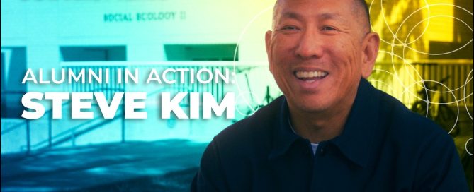 Smiling Steve Kim, UC Irvine alumnus, in a split-tone blue and yellow background with 'Alumni in Action' text.