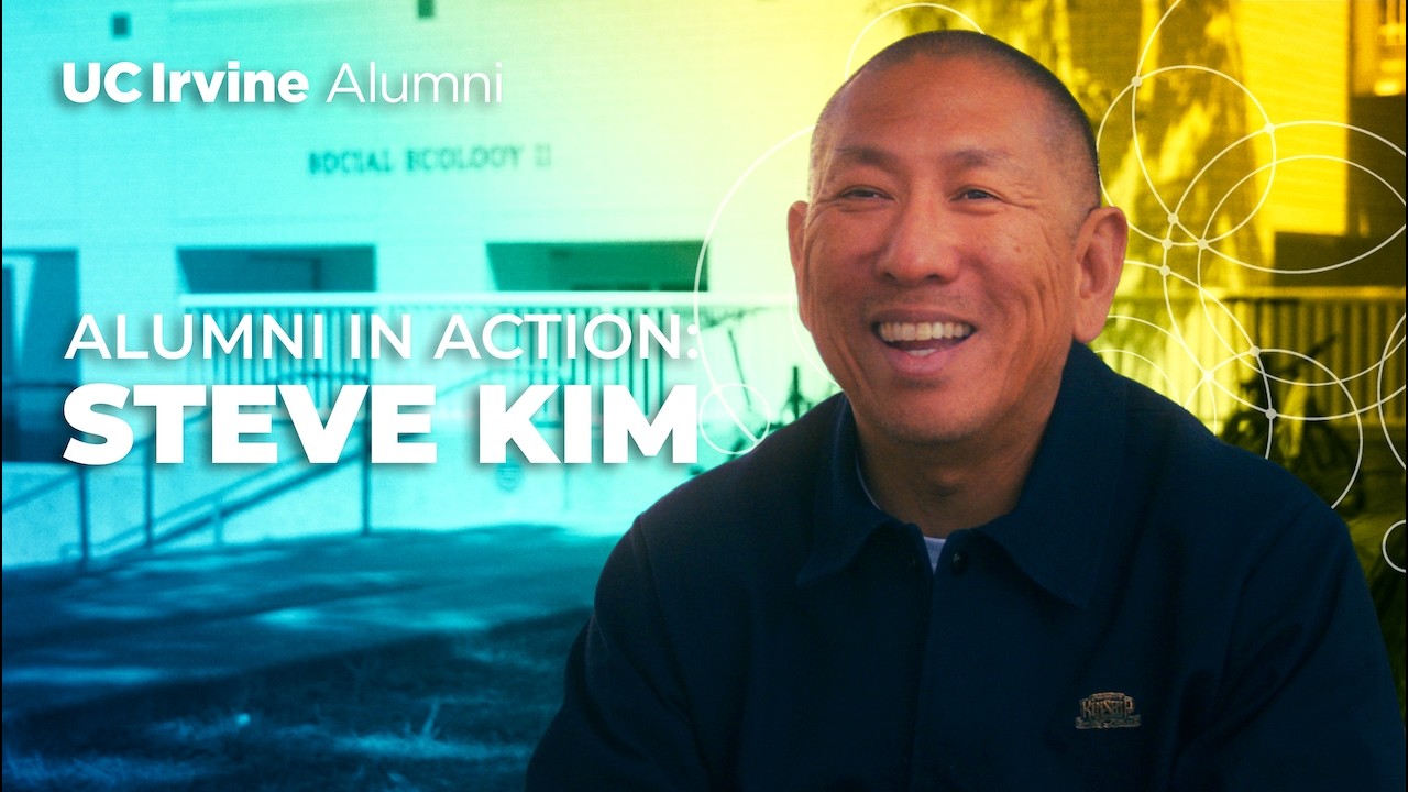 Smiling Steve Kim, UC Irvine alumnus, in a split-tone blue and yellow background with 'Alumni in Action' text.