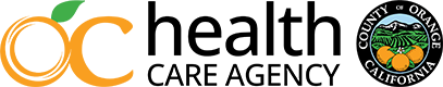 Stylized orange OC logo with a green leaf, 'health CARE AGENCY' text, and the circular County of Orange, California seal.
