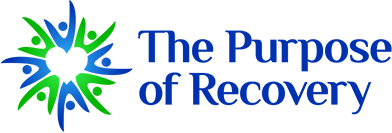 Logo for 'The Purpose of Recovery' featuring a circular design of interconnected blue and green figures surrounding a white…